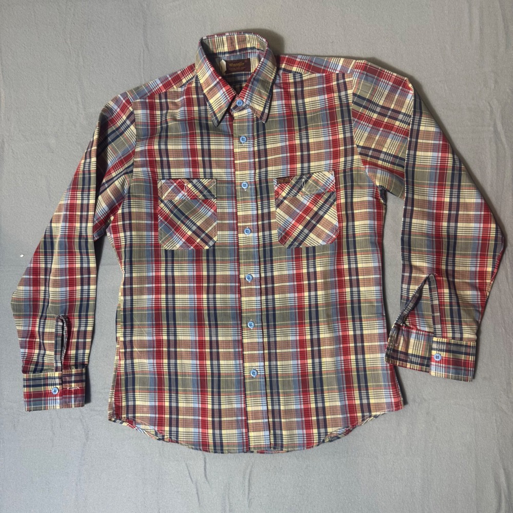 Vintage Wrangler Mens Plaid Button Down Shirt Red Blue Yellow USA Made 75501 M